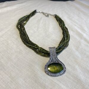 Deep Olive Green Seed Bead Multi Strand Necklace Silver Tone Pendant Green Stone